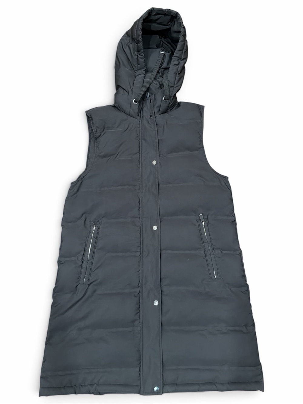 Zara Small Black Long Hooded Puffer Vest Snap Zip Pockets (56 chars)